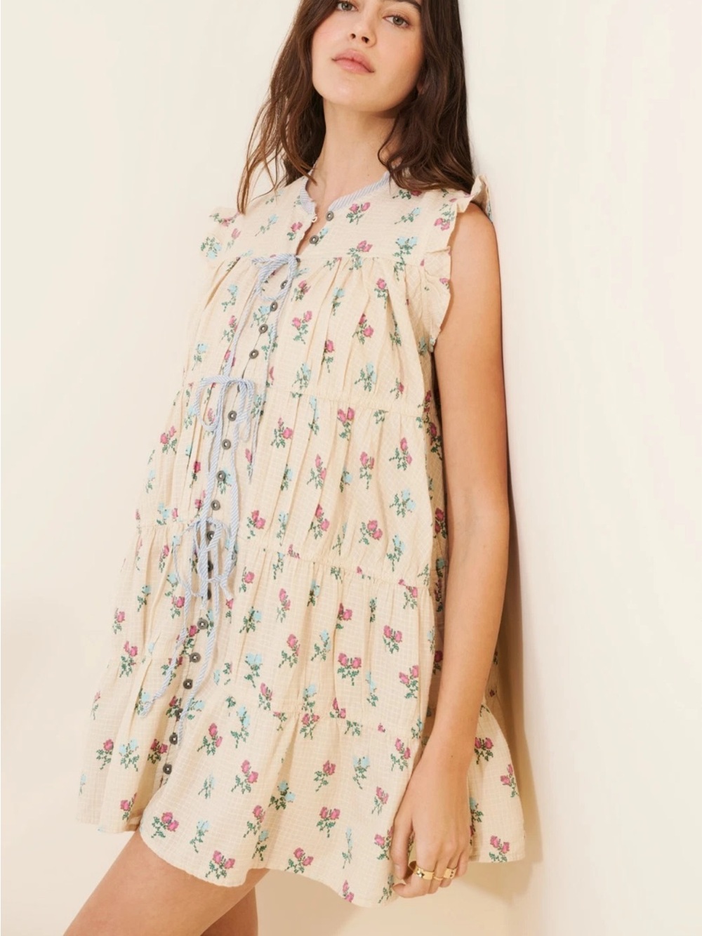 Free People Sundown Tunic Dress Printed Buttondown Cap Sleeve Ivory Size Large